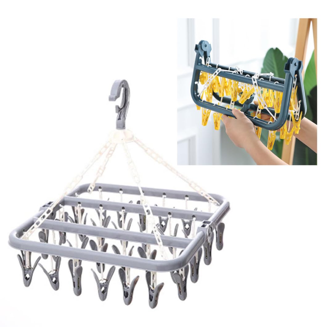 Faltbarer Wäscheständer mit 32 Clips, vielseitiger Wäschebügel für Handtücher, Unterwäsche & Babysocken - Platzsparende Socke & Handtuch
