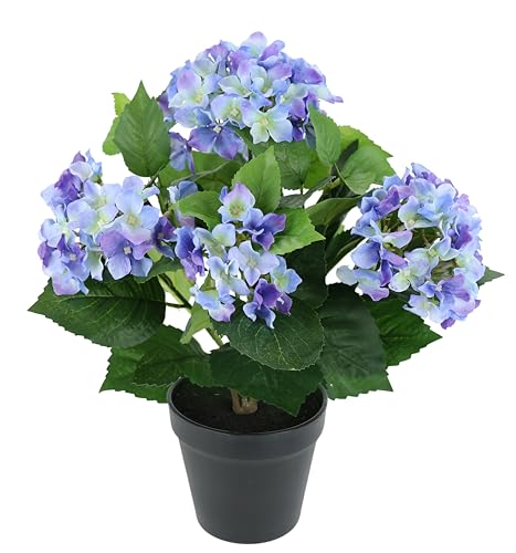 Künstliche Hortensie Blau Violett im Topf 40cm Realistische Kunstpflanze Moderne Deko Blumen für Wohnzimmer Büro & Tisch Pflegeleichte Pflanzen
