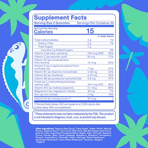 Image of Teen Multivitamin Gummy - Growth, Bone & Development Support, 60ct, Vegan | Organic Fruit & Veggie Blend, Methylfolate, Magnesium, Zinc, 12 Key Nutrients; 2 Gummies Daily, 30-Day Supply