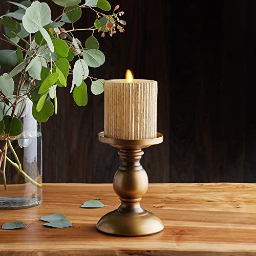 Image of Luminara Metallic Embossed Pillar, Champagne Flameless LED Candle 3.25 inch x 4.5 inch, Battery Operated Real Flame Technology w /Timer Function, Paraffin Wax (Pack of 2)