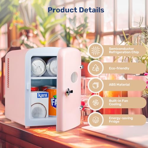 Image of HealSmart Mini Fridge Portable 4 Liter /6 Can with Observation Window, Cooler&Warmer Small Desk Compact Refrigerator for Skin Care, Cosmetics, Beverage, Food in Bedroom, Car, Office, Dorm, Pink