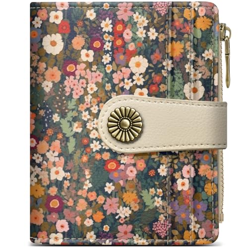 Image of Small Wallet for Women, RFID Blocking Bifold Card Holder Wallet with 10 Card Slots, Cash Compartment, Zipper Coin Pocket & ID Window, Cute Soft Vegan Leather Compact Wallet, Garden