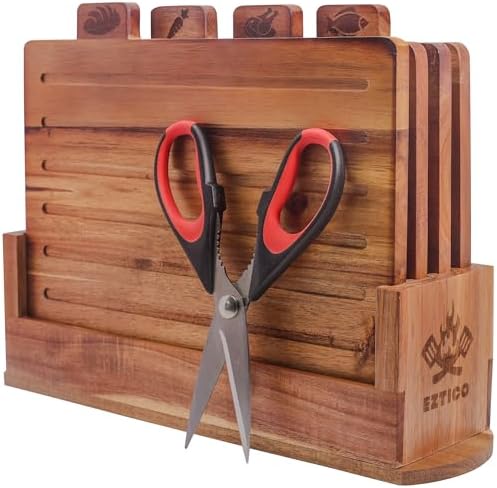 EZTICO Acacia Wood Cutting Board Set with Scissors and Stand.