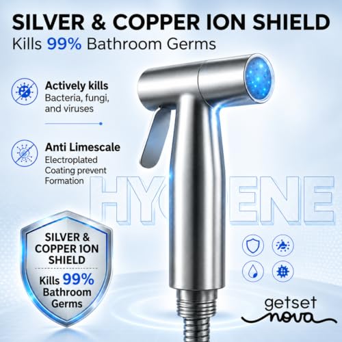 Image of Health Faucet Stainless Steel Jet Spray Gun for Toilet | Silver & Copper Ion Shield Kills 99% Germs | Leak-Proof Bathroom Health Faucet 1 Year Warranty (Jet Spray)