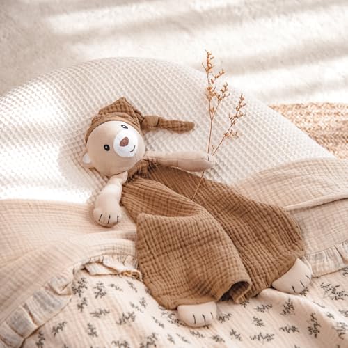 Image of lulumoon Bear Baby Security Blanket: Skin-Friendly Muslin Snuggle Lovey for Travel & Daycare - Newborn Gift for Baby Shower