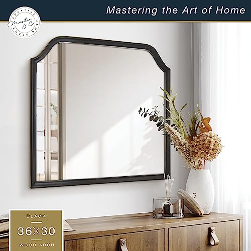 Image of MCS Master & Co. Arched Wall Mirror, 36x30, Black Woodgrain | Solid Wood Arched Wall Mirror, Black Woodgrain Frame For Bathroom, Bedroom & Living Room