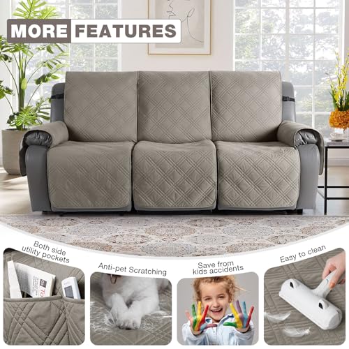 Image of TAOCOCO 100% Waterproof Recliner Sofa Covers 3 Seater Split Couch Covers for 3 Cushion Reclining Couch, Non Slip Reclining Couch Covers Furniture Protector for Kids Pets(3 Seater, Light Brown)