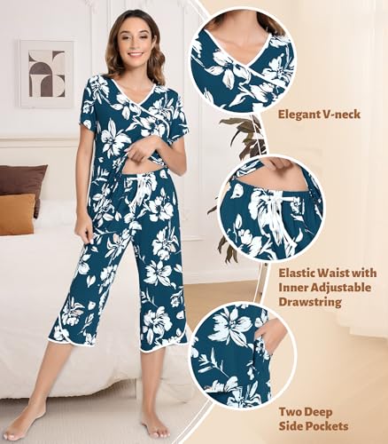 Image of NACHILA Bamboo Viscose Pajamas for Women Lace V Neck Capri Pants Pjs Set