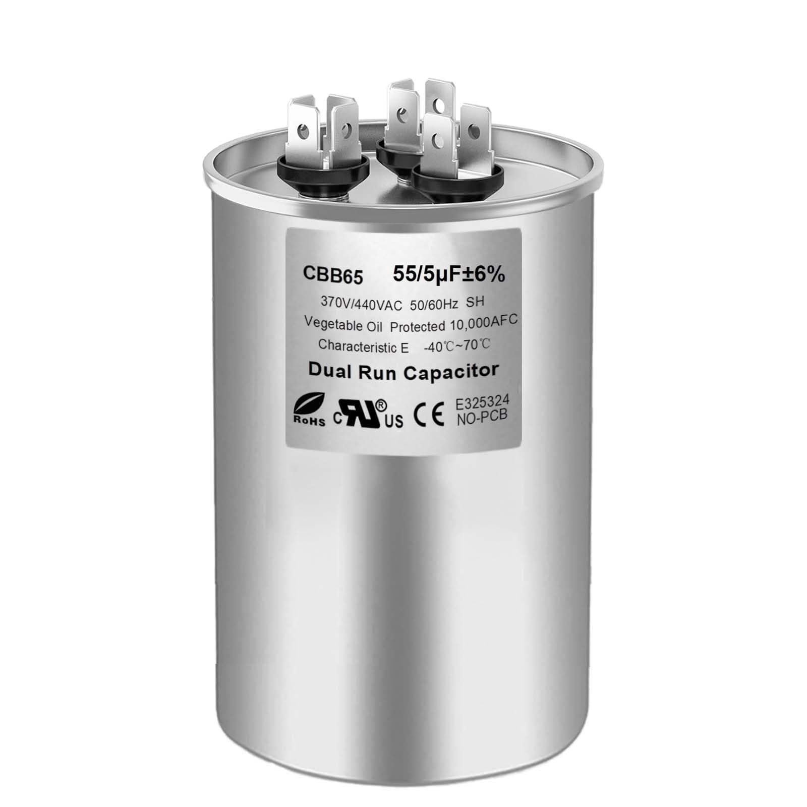 55/5 uF 55+5 MFD 370V or 440V Dual Run Start Round A/C Capacitor, 55 5 uF 370 440 Volt VAC CBB65B Air Conditioner Capacitors for AC Unit, Fan Motor