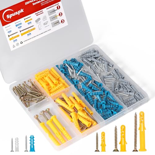 230 Pcs Drywall Anchors and Screws Assortment Kit, 115 Plastic Wall Anchors and 115 Philips Flat Head, 5 Sizes Galvanized Screws and Wall Plug Bolts with Organizer Box