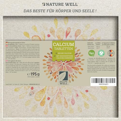 Calcium Tabletten 180x - optimal hochdosiert mit 800 mg Calcium pro Tag - Erhalt normaler Knochen & Zähne - laborgeprüft mit Zertifikat - hochwertiges Calciumcarbonat - Vorrat für 90 Tage - 100% vegan