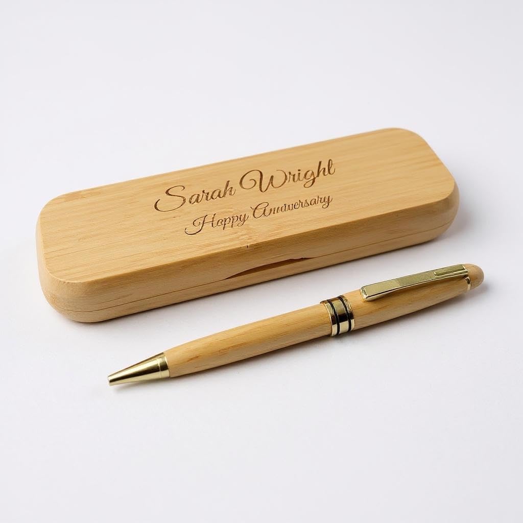 Rutherfords Gifts Personalised Bamboo Pen and Case Gift Set, Personalised Engraved Writing Set with Gold Accents, New Job Congratulations Graduation Birthday Retirement New Career Gift