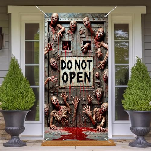 Image of BlissYard Halloween Door Cover Keep Out Zombie 71 x 35 Inch | Polyester, Zombie Hands Design, Haunted House Door Decor, Front Porch, Wall, Party and Photo Backdrop