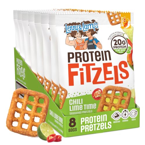 Image of Lenny & Larry's FITZELS Protein Pretzels (Chilli Lime Time) 8 Individual Bags 3 oz Each - High Protein Snacks with 20g of Plant Based Protein - Healthy Vegan Pretzels - Delicious Salty Taste