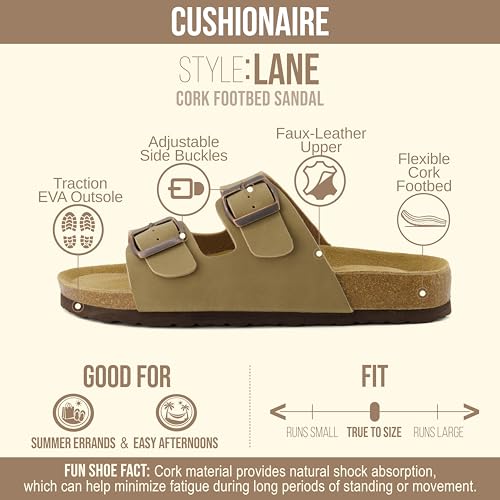 Image of CUSHIONAIRE Lane Cork Footbed Womens Sandals Comfortable Double Buckle Slip On Sandals for Women with Arch Support and Classic Two Strap Design