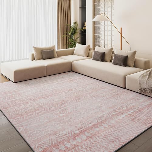 Image of Engiw Pink Boho 8x10 Area Rugs for Nursery Playroom Soft Rugs for Living Room Bedroom Dining Room Washable Non Slip Cozy Neutral Rug for Kids Baby Girl Princess Toddler