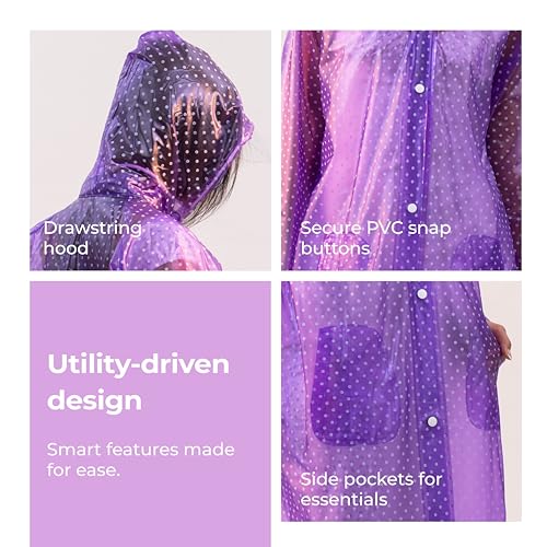 Image of Lifelong Ladies Designer Raincoat | Polka Dot Print | Knee Length | Lightweight PVC Waterproof Raincoat for Women with Drawstring Hood | Portable, Stylish & Travel-Friendly (Size M, Purple)