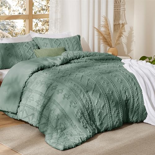 Image of Bedsure Tufted Boho Comforter Set Queen Size - Green Boho Bed Set, GentleSoft 3 Pieces Farmhouse-Style Embroidery Bedding, Gifts for Woman, Soft Jacquard Kids' Queen Comforter for All Seasons