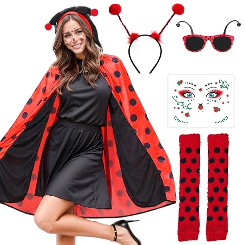 Sranin Marienkäfer Kostümset mit Umhang, Haarreif, Beinwärmer, Brille und Tattoos, Perfekt für Karneval und Halloween.