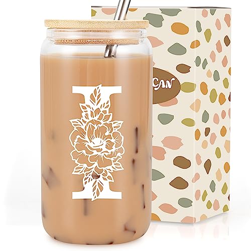 Image of Coolife Initial Glass Cup, Monogrammed Gifts for Women, 16 oz Tumbler w /Lid