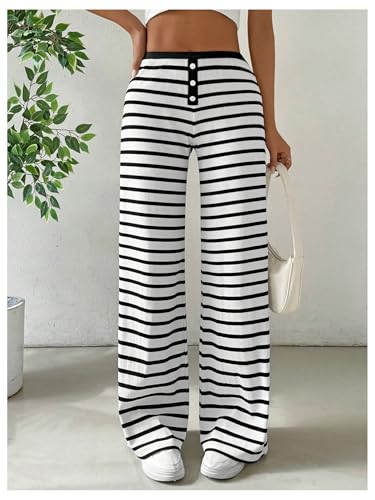 Floerns Women's Summer Striped Print Elastic Waist Loose Fit Straight Leg Pants4