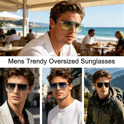 Image of Rimless Oversized Square Sunglasses for Men Trendy Fashion Big Shades Tinted Lens Gold Metal Frameless Glasses UV400