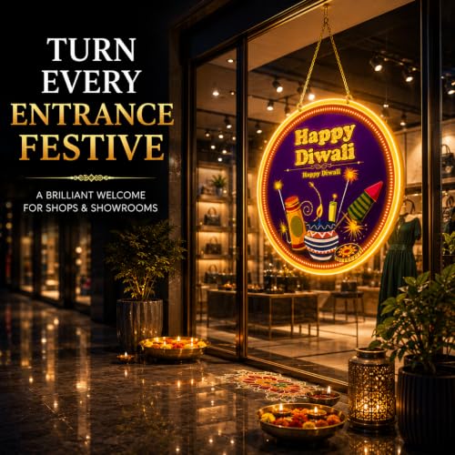 Image of Gesto Diwali Lights for Home Decoration, Happy Diwali LED Hanging Light, Dual-Side Display, AC Plug-in Diwali Decorative Light for Pooja Room, Mandir, Door Entry, Balcony, Office, Shop & Showroom