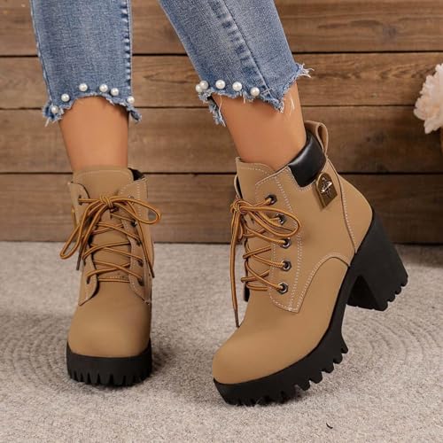 Women Ankle Boots Platform Lace Up Chunky Heel Booties Stacked Heel Round Toe Pull on Motorcycle Mid Calf Boots3