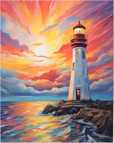 Peinture par numéros adulte phare coucher de soleil kit 40x50cm avec cadre