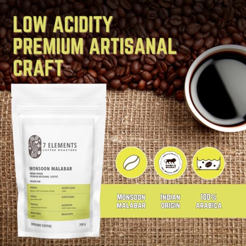 Image of 7 Elements Coffee Roasters Monsoon Malabar Ground Coffee - 250 g (Pack of 1) | Light Roast (Aeropress Grind) | 100% Arabica Freshly Roasted Coffee Grounds | AA Grade | Rich Flavorful Coffee