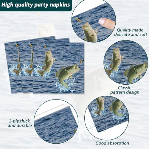 Image of ZOIIWA 200 PCS Gone Fishing Tableware Disposable Paper Plates Napkins Fishing Tournament Birthday Party Supplies Dinnerware Set Napkins Party Decoration Serve 50 guest
