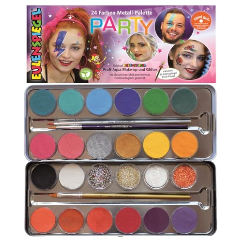 Eulenspiegel 224229 - Schminkpalette Party, 20 Profi Aqua Make-up Farben, 4 x Glitzer, 3 x Pinsel, Schminkset vegan, für Karneval, Festivals