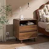 Nasonet Night Stand with Charging Station, 23.7' Wide Mid Century Modern Nightstand with Drawers, Curved Wood Bedside End Tables for Living Room, Bedroom, Walnut