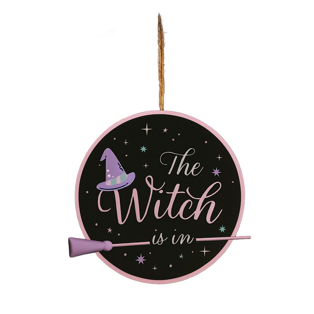 Gem Imports Multicolour The Witch Is In With Broomstick Lilac Halloween Hanging Wooden Plaque Decoration 27Cm – Spooky Seasonal Wall Or Door Sign