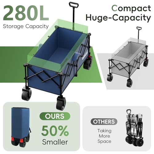 Image of 46 inch L Collapsible Foldable Extended Wagon, 500LB Weight Capacity with 280L Heavy Duty Folding Cart,Utility Wagon with All-Terrain Beach Wheel & Drink Holders,Blue