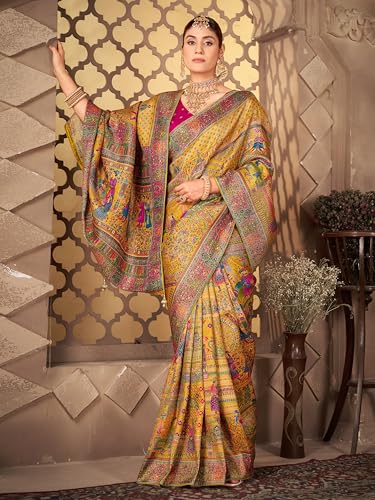 Image of Glory Sarees Women's Luxurious Dola Pure Silk Original Saree Position Print Work Madhubani Inspired Motifs Banarasi Kanjivaram Style Saree With Blouse Piece (Elegant101 Parent)