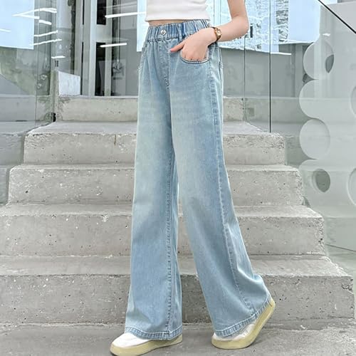 Baggy Jeans for Teen Girls Elastic Waist Wide Leg Solid Denim Pants Casual Lightweight Trousers with Pocket2