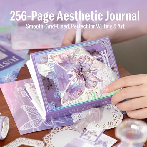 Image of VIBE VISTA Vintage Aesthetic Scrapbook Kit,346 Pcs,A6 Grid Notebook,Washi ,Envelopes,Scrapbook Papers,Folding Labels,Background Papers,Photo Frames,Calendar Stickers,Stickers (Dreamland,Purple)