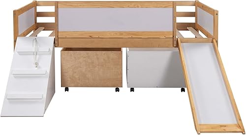 Miniatura 4 de TMEOSK Cama alta individual baja con 2 cajas de almacenamiento y tobogán cama loft de madera multifuncional con pizarra y escalera de escalada para