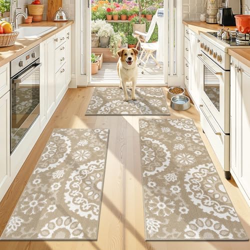 Yamaziot Boho Kitchen Rug Sets of 3, Non-Slip Washable Kitchen Mats Farmhouse Kitchen Runner Rugs Paisley Low Pile Floor Carpet for Entryway, Hallway, Laundry, Garage (Beige)