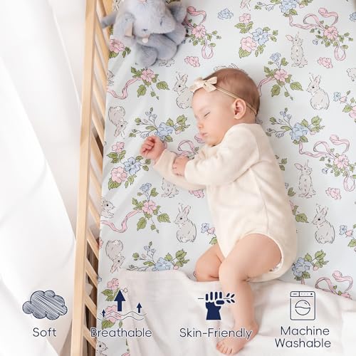 Image of PHF Soft Mini Crib Sheet Set, 2 Pack Silky Comfy Pack N Play Sheets for Girls, Universal Fit for Pack N Play, Playard and Mini Crib Mattresses, Rabbit & Floral