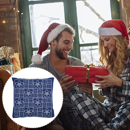 Image of WEBEEDY DIY Sashiko Pillowcase Template Set for Traditional Japanese Sashiko Pattern Fabric Pillowcase Embroidery Kit Stitching Sashiko with Video Instructions for Home Sofa Decor, 15.7x15.7inch