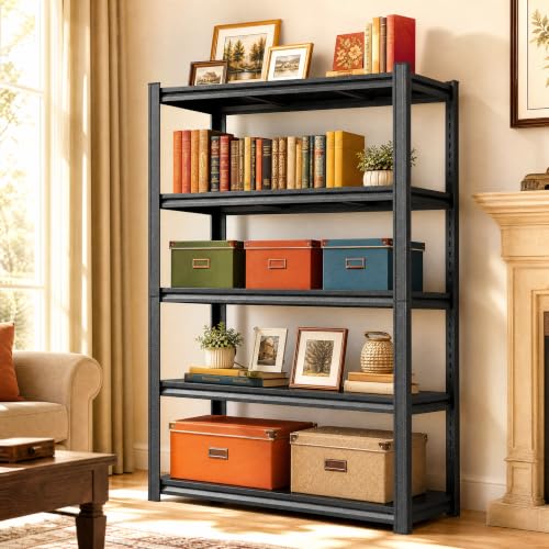 Image of Metal Bookshelf 5 Tier Shelf, Heavy Duty Industrial Book Case Shelving Unit, Standing Storage Rack for Books Plants Kitchen Pantry Decor, Free Standing Bookcase Shelves Organizer for Bedroom Office