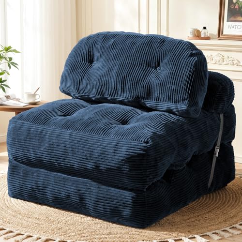 Image of Folding Sofa Bed, Convertible Sleeper Chair with Back Support and Pillow | Boneless Foldable Couch for Living Room /Guest Use /Home Office, Foldable Chair Bed for Adults, Navy