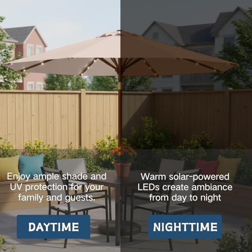 Image of 9' Solar LED Patio Umbrella with Tilt & Crank|8 Sturdy Ribs,UV Protection,Outdoor Market Table Umbrella for Deck,Lawn,Pool,Backyard(Beige)