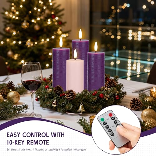 Image of Flameless Advent Candles Set of 4, Real Wax Advent Pillar Candles Battery Operated 9.6 inch, Purple and Pink Christmas LED Candle for Wreath, Christ, Home, Church, Catholic Decoration