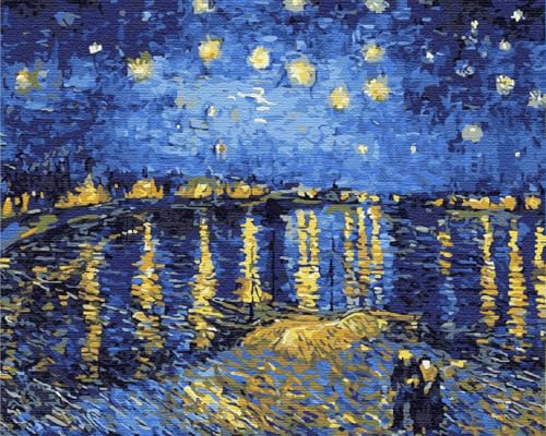 Artnapi Pintura por números para adultos y niños con marco de 40 x 50 cm (noche estrellada en la Rhone Van Gogh) - Pintura al óleo sobre lienzo DIY Regalo - Anti-estrés, aprender a pintar