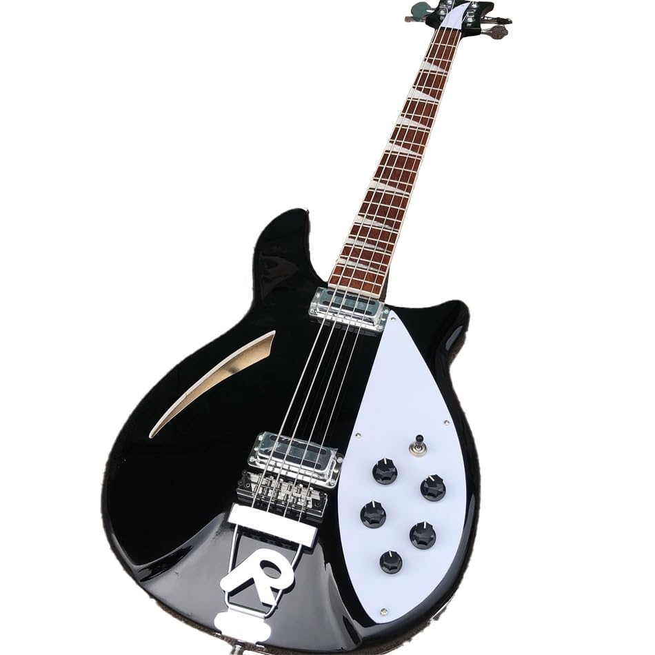 Elektryczna gitara basowa z 4 strunami, podstrunnicą palisandru, białą maskownicą i odważnym czarnym kolorem - idealna dla basistów muzyków poszukujących wysokiego brzmienia