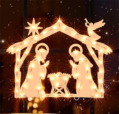 JUSTPRO Christmas Window Silhouette Lights, Lighted Nativity Double Sided Decorations with 50 Count Incandescent Mini Light, for Holiday Indoor Wall Door Glass Decor
