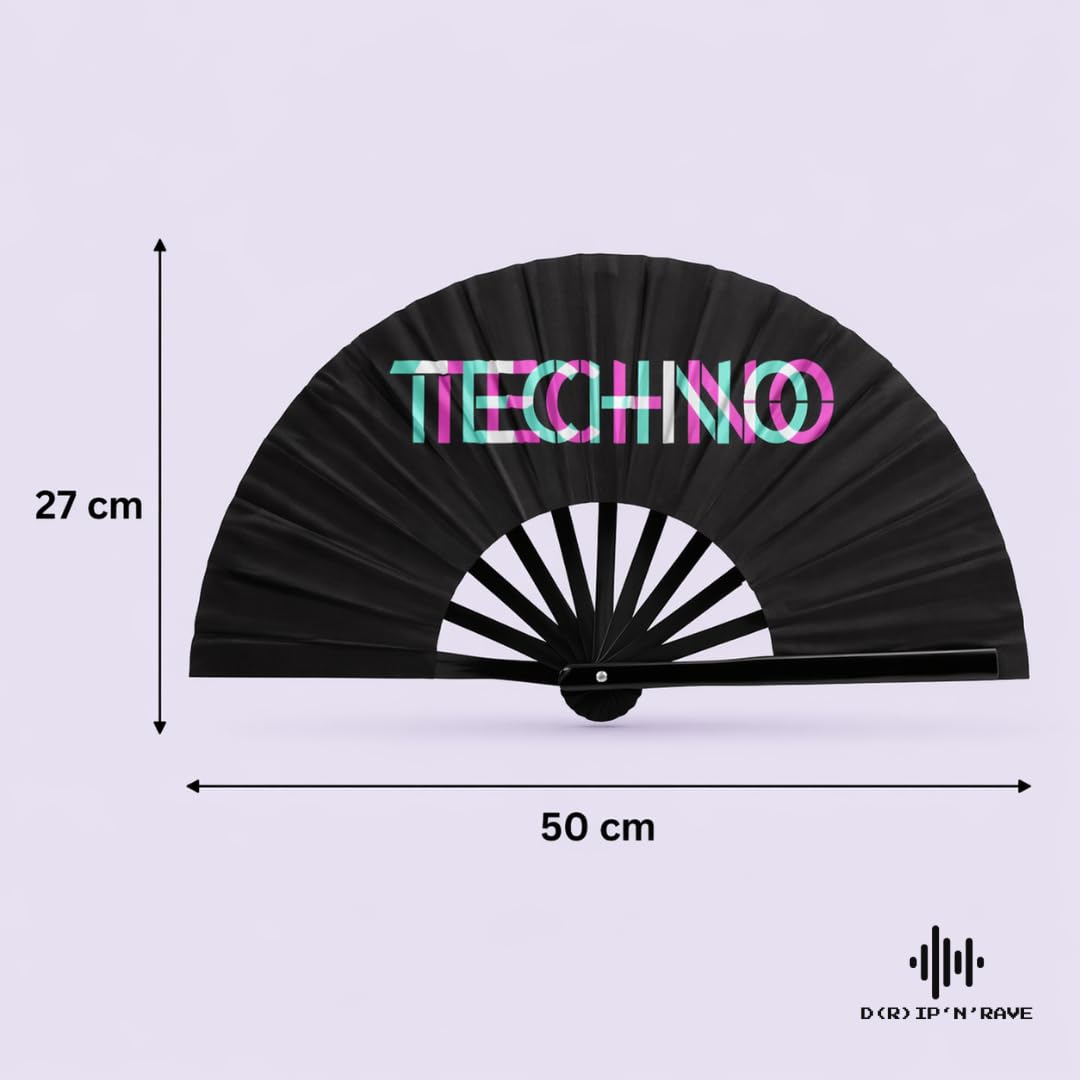 Techno-XL - Ventaglio a mano con luce UV, con leggero luccichio verde, l'accessorio indispensabile per Techno Rave Festivals Club, pieghevole, grande, in legno di bambù, nero